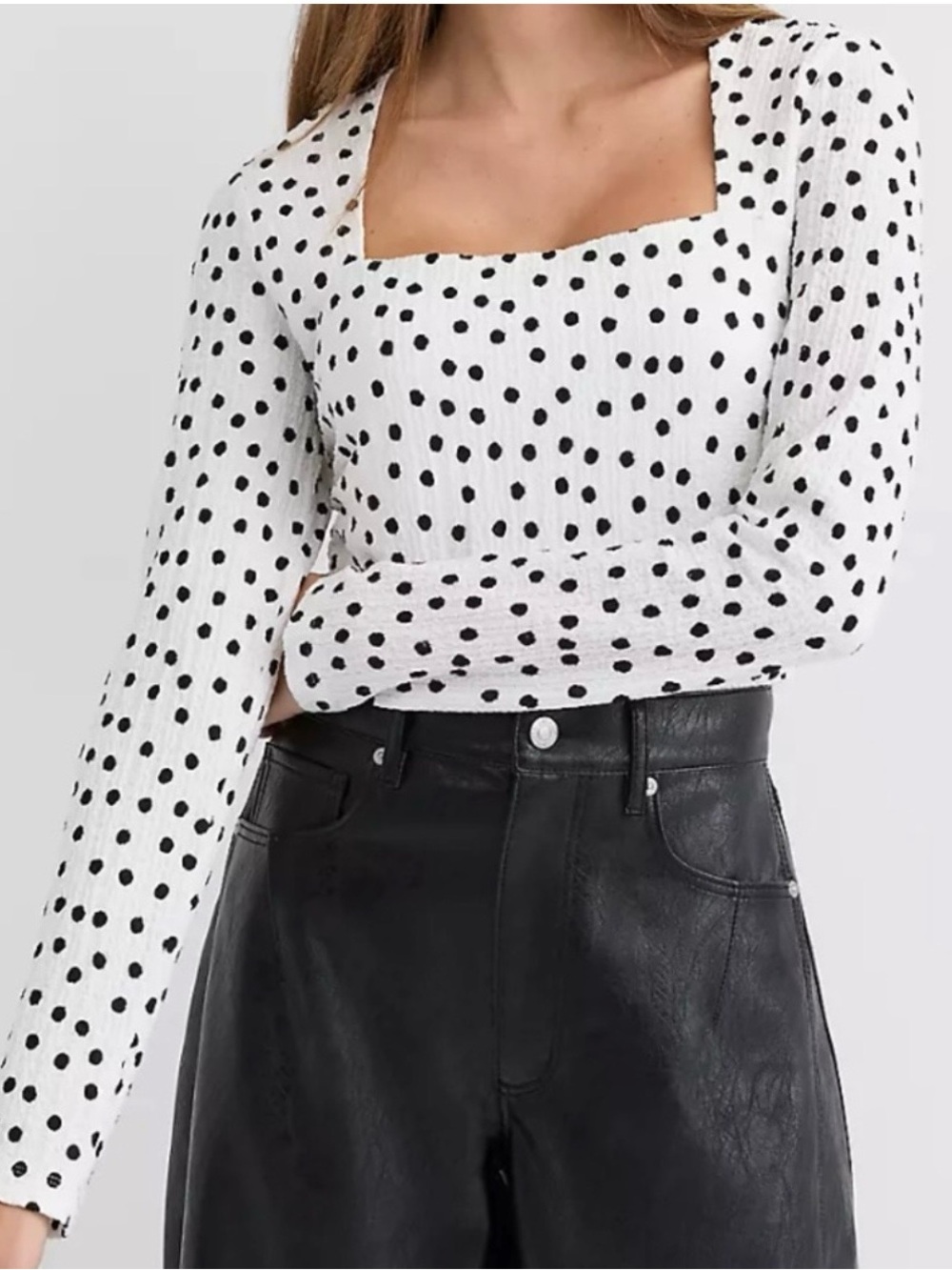 LOFT White and Black Polka Dot Square Neck Long Sleeve Top